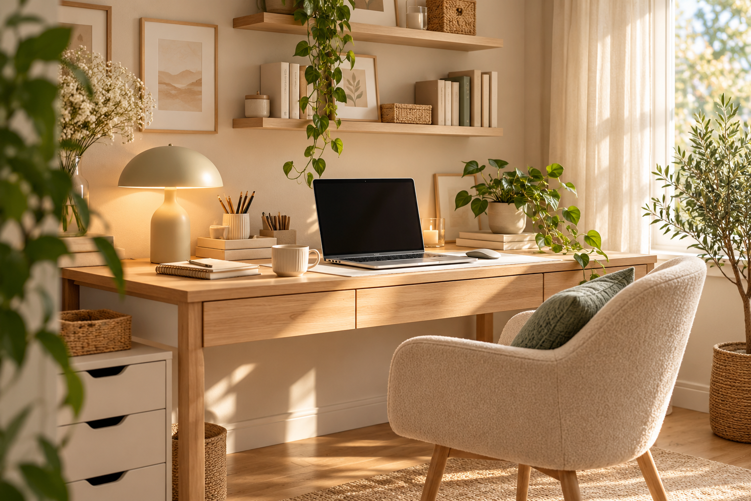 Bureau à domicile cosy et minimaliste aux tons beige et bois clair