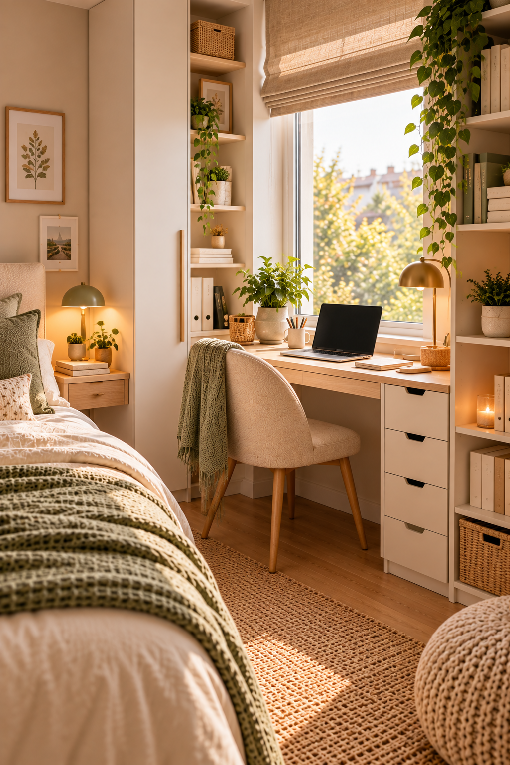 Bureau dans une petite chambre avec rangements muraux