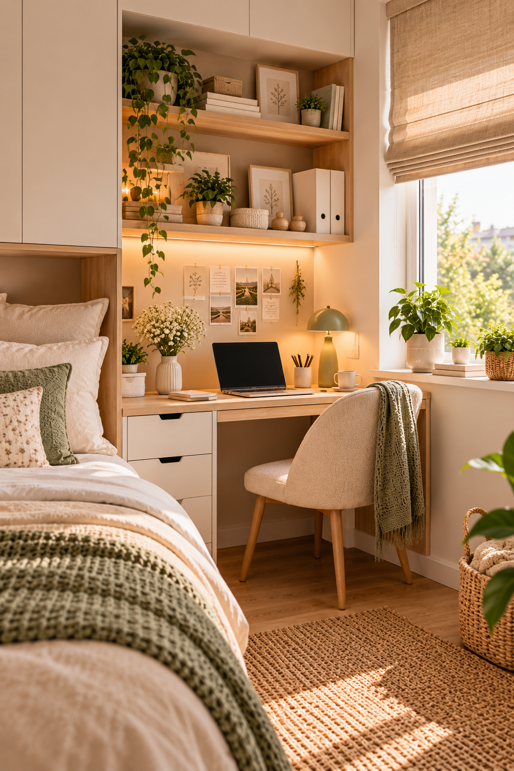 Bureau dans une petite chambre près d'une fenêtre